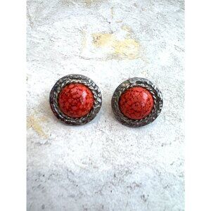 Hobe Red Orange Salmon Stone Silver Clip On Earrings
